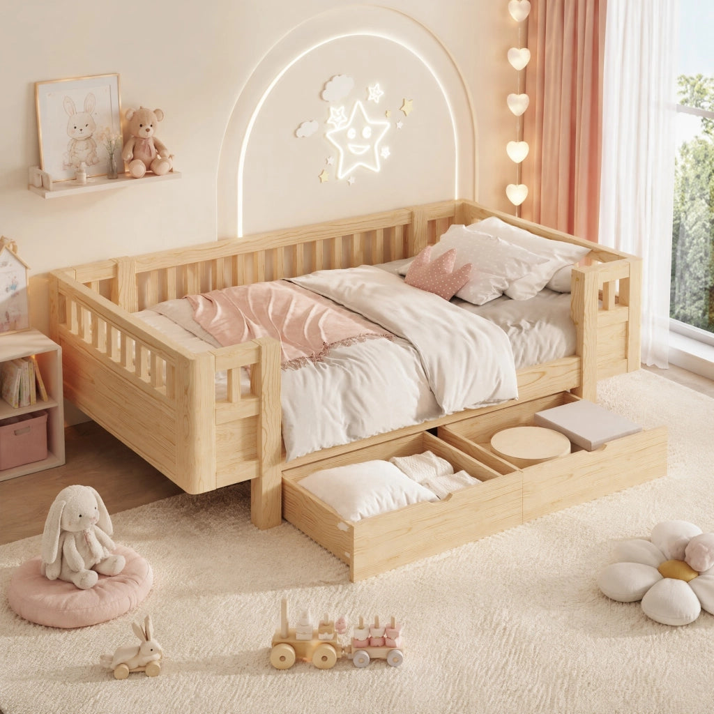 Letto a piattaforma 90x200 cm con sponde alte e due cassetti; color legno