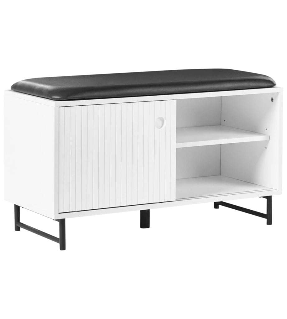Mobile porta scarpe in MDF bianco a 2 scomparti con seduta imbottita e ante scorrevoli, design scandinavo, ingresso