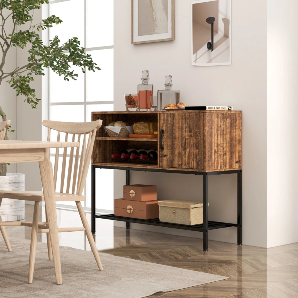 Tavolo consolle in legno con struttura metallica per sala da pranzo-Credenza buffet con portabottiglie e mensole Marrone