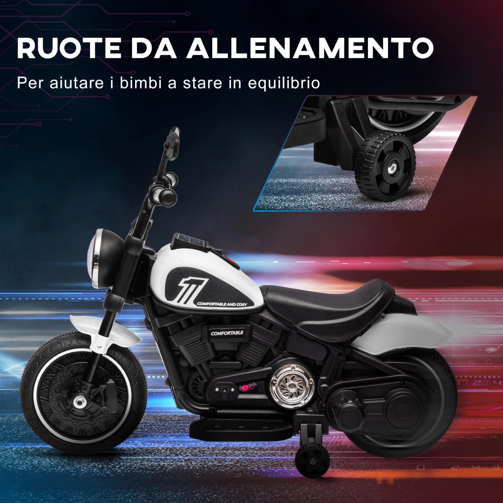 Moto Elettrica per Bambini 18-36 Mesi con Rotelle e Fanale. 76x42x57 cm. Bianco e Nero