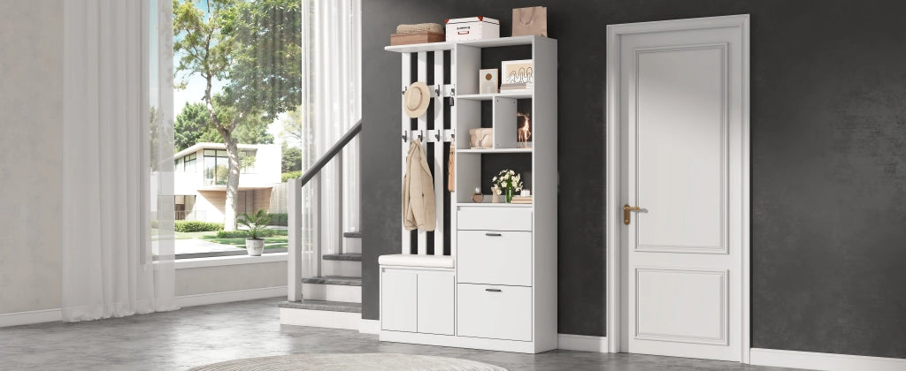 Mobile da ingresso con 2 scarpiere a ribalta, 1 cassetto, 2 ante, 10 ganci e panca imbottita, bianco, 120 × 30 × 200 cm
