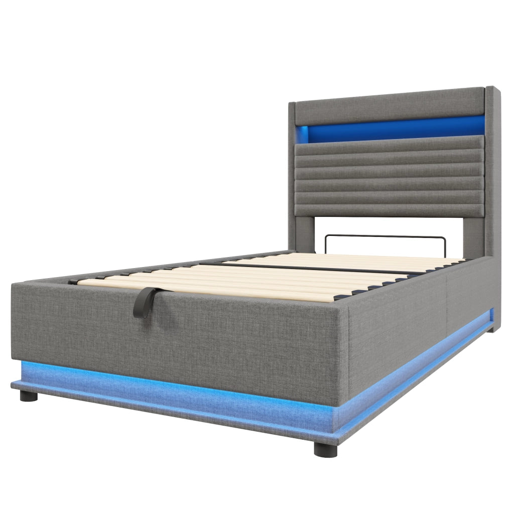 Letto Imbottito con LED e Contenitore Idraulico ¨C MINIMAL ¨C Grigio, Tessuto, 90x200
