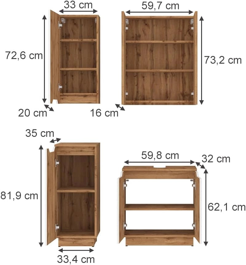 Set di mobili da bagno Lotta, Bianco, 59.8 cm, composto da mobile sottolavabo, specchiera, armadio medio e pensile