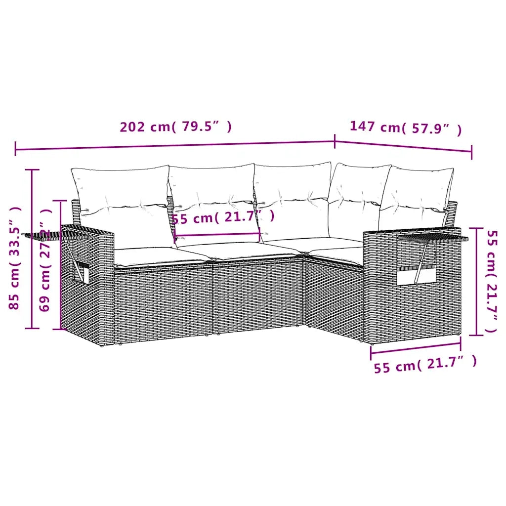 Set Divani da Giardino 4 pz | Set Salotto da Giardino con Cuscini Nero in Polyrattan