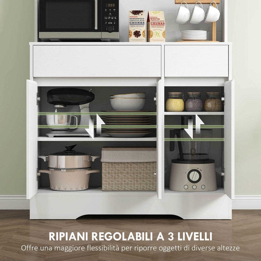 Credenza da Cucina Moderna 100x38x180 cm con 4 Armadietti 2 Cassetti e Ripiani Regolabili Bianco