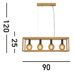 Lampadario Industrial-Nordico Square Legno Marrone Nero 4 Luci E27