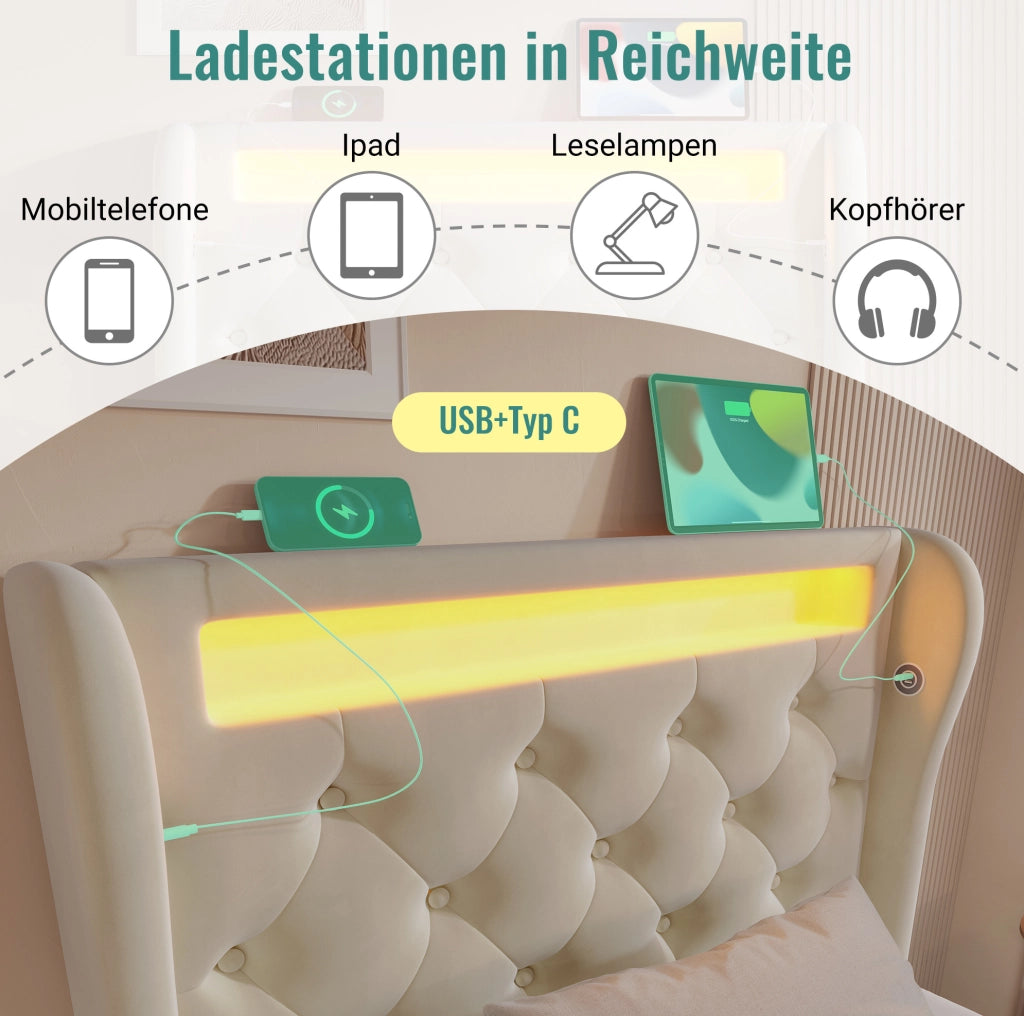 Letto singolo imbottito 90x200 con LED, USB-C e materasso