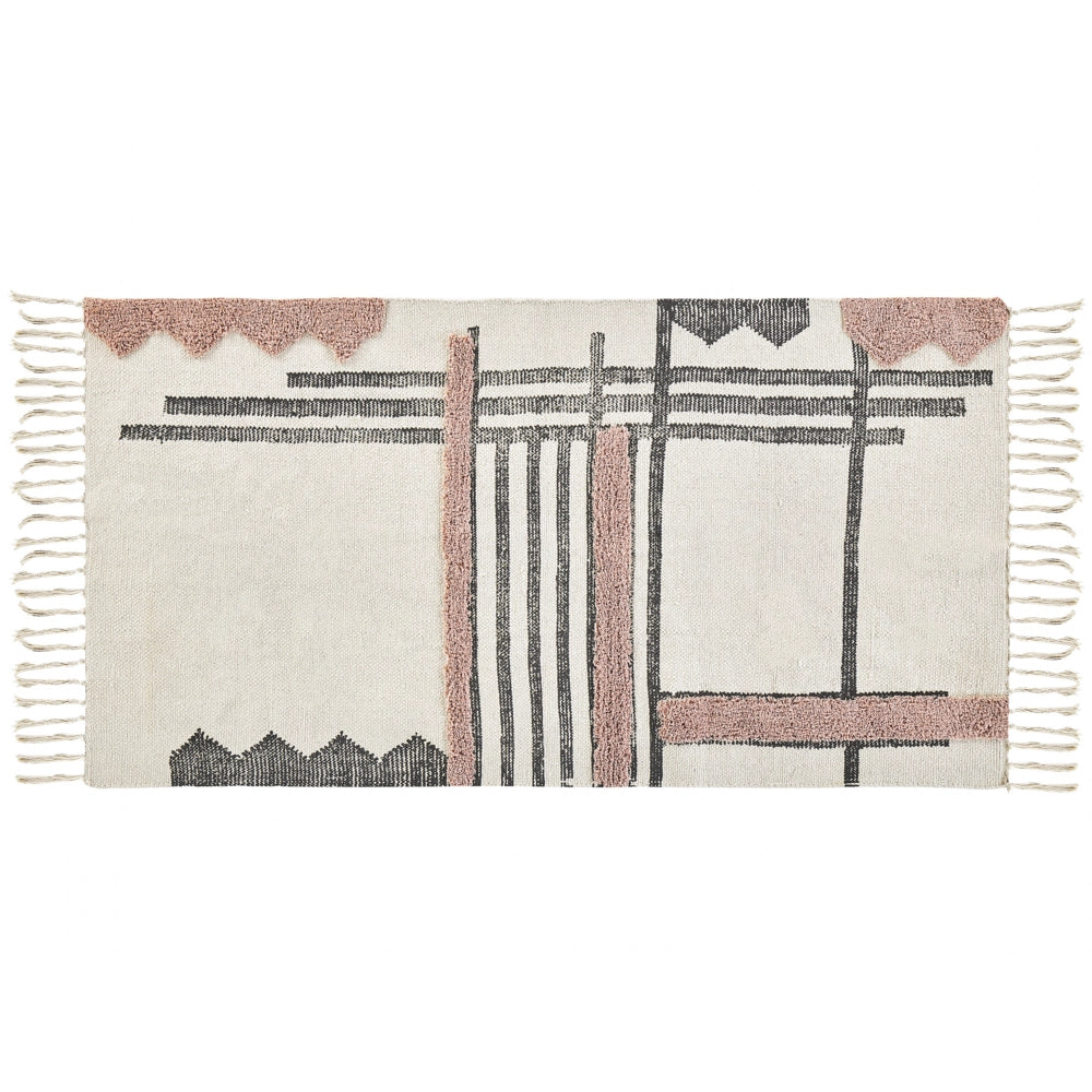 Tappeto in cotone beige e Nero tessuto a mano con frange 80 x 150 cm