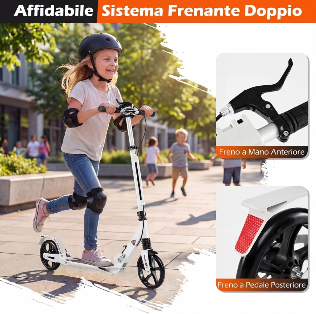 Monopattino Bambini e Adulti, Monopattino a Spinta Pieghevole e Regolabile in 3 Altezze, Monopattino Portatile con 2 Ruote, Cavalletto, Freno e Pedale Antiscivolo, Portata 100 kg