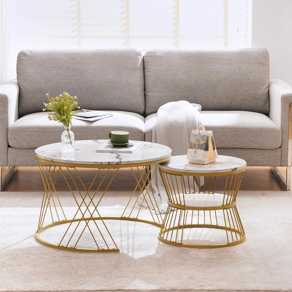 Tavolini da Salotto Set 2 Pezzi Rotondi ¨C MINIMAL ¨C Piano Effetto Marmo, Struttura Metallo Dorato