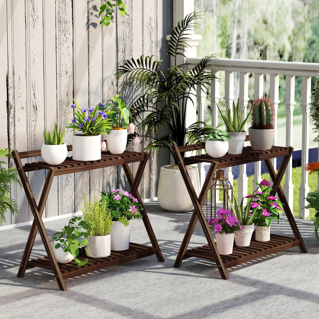 Set 2 Portapiante a 2 Livelli con Design a Doghe in Legno di Abete, 73x36x64 cm, Marrone Bruciato