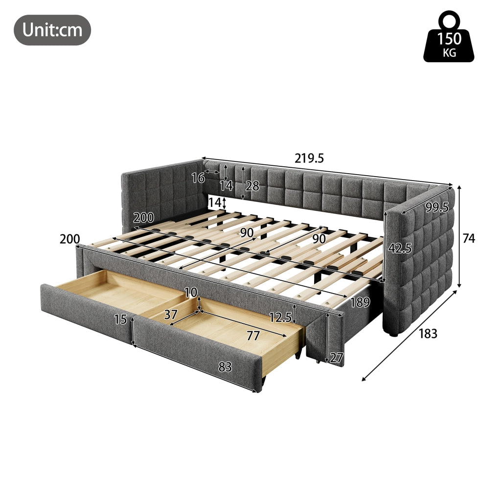 Letto estraibile singolo 90×200 cm con 2 cassetti; senza materasso; velluto; grigio