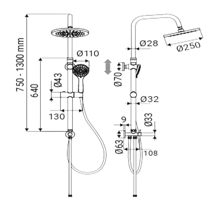 Colonna doccia in acciaio nero opaco completa e regolabile