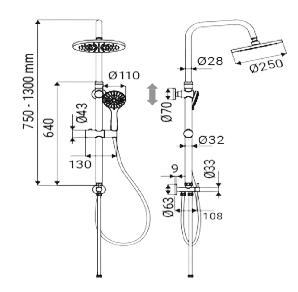 Colonna doccia in acciaio nero opaco completa e regolabile
