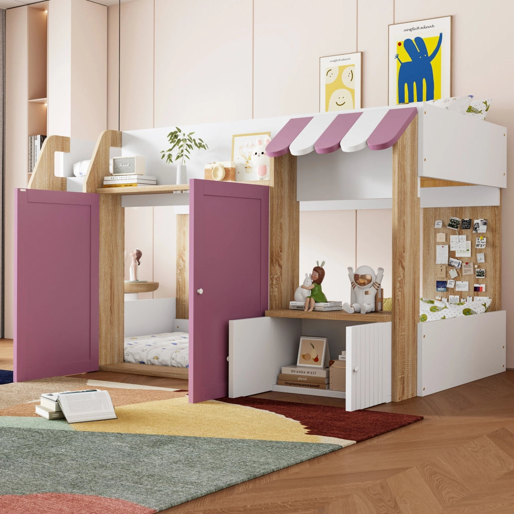 OKWISH Letto a soppalco bambino 90×200 cm, Letto Singolo con Scala Larga, Contenitori e Mensole, senza Materasso, in Legno, Rosa e Bianco
