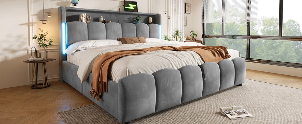 DESMIU Letto 180 × 200 cm 2 posti con LED, vano contenitore testiera, USB e Type-C, senza materasso, in velluto, grigio