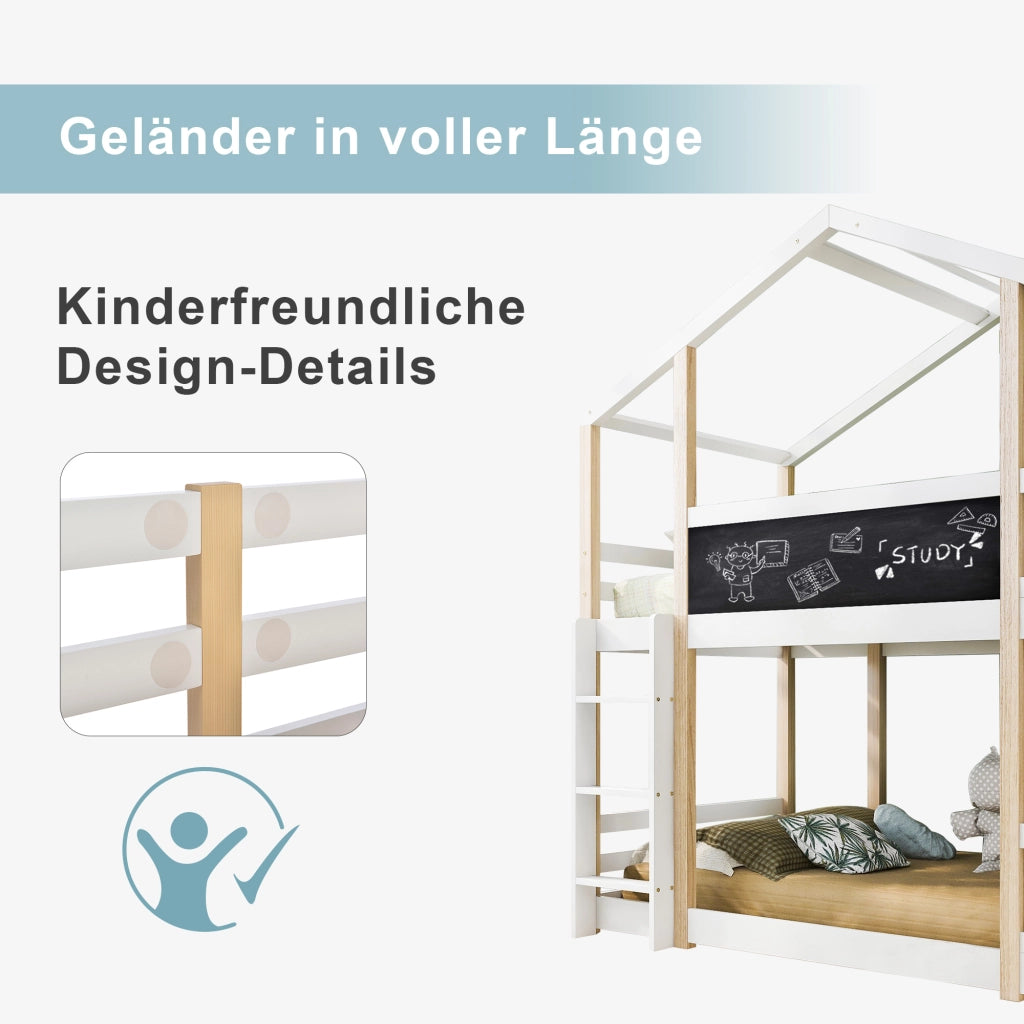OKWISH Letto a Casetta 90×200 cm, Letto Singolo con Scala, Lavagna e Sponda, senza Materasso, in Legno Massello, Bianco