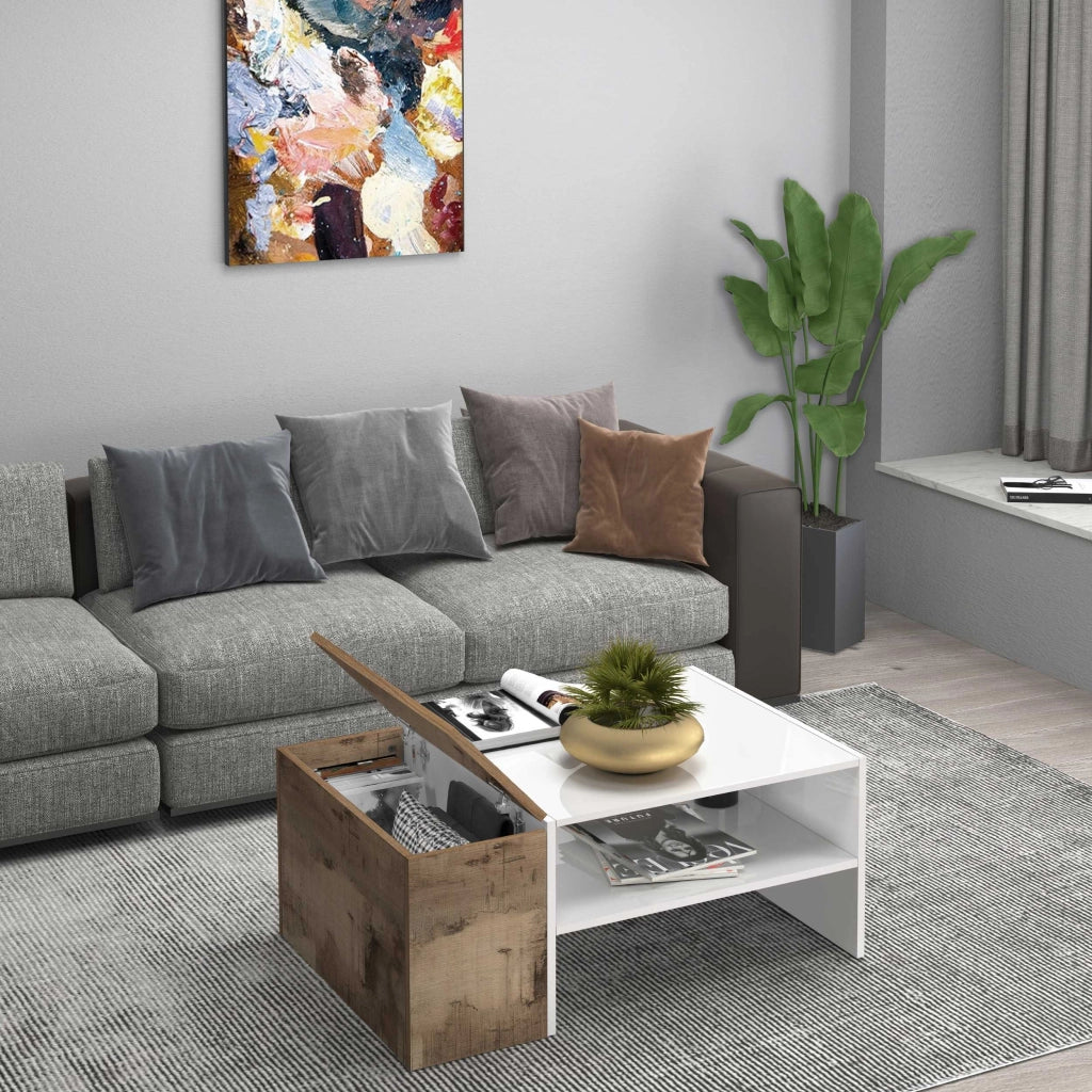WHOUS Tavolino da caffè Corona con 1 vano contenitivo bianco e acero pereira 90x60x40 cm
