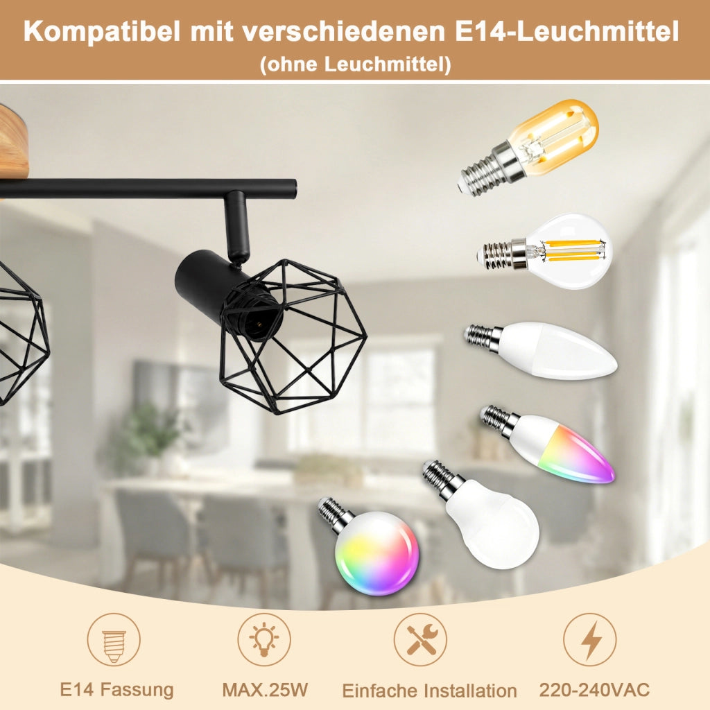 ZMH Faretto da soffitto 3 Luci Nero Legno E14 Vintage Industriale Orientabile 350¡ã per Camera Soggiorno Senza Lampadina