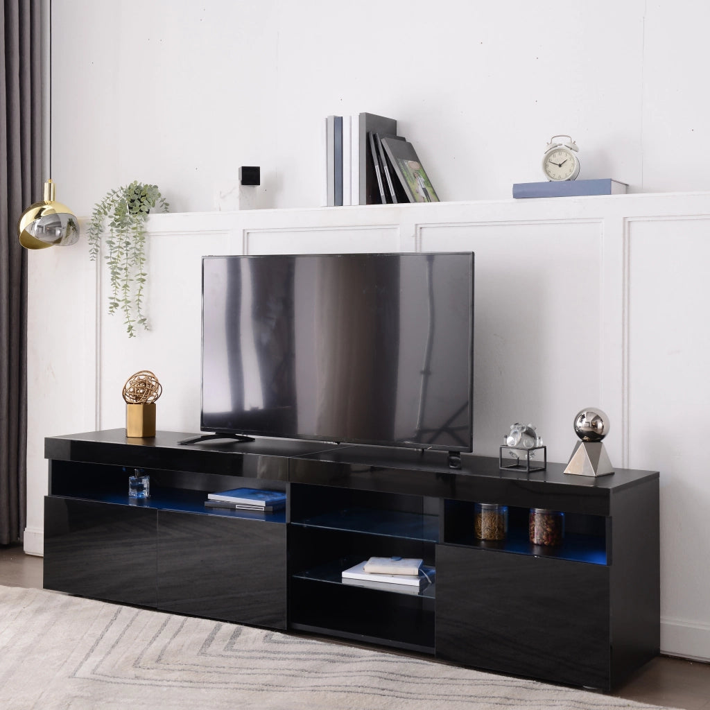 Mobile porta tv moderno con LED variabile, pannello lucido in MDF e vetro laminato nero 180 × 35 × 48 cm
