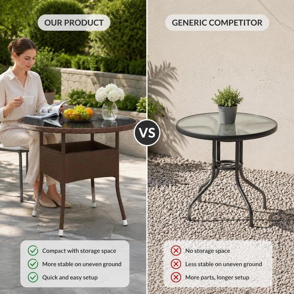 Garden Table 80x75 Cm Tempered Glass And Poly Rattan Brown