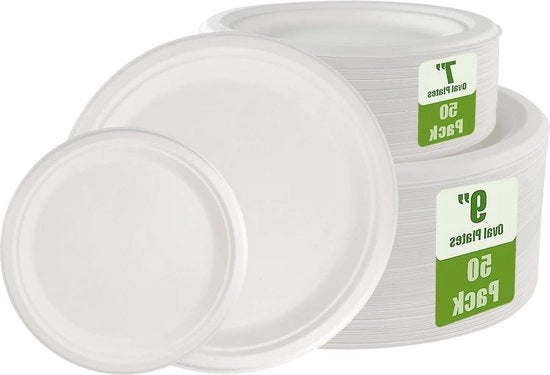 100 piatti di zucchero di canna biologici degradabili - compostabili (2 misure 23 cm - 18 cm)