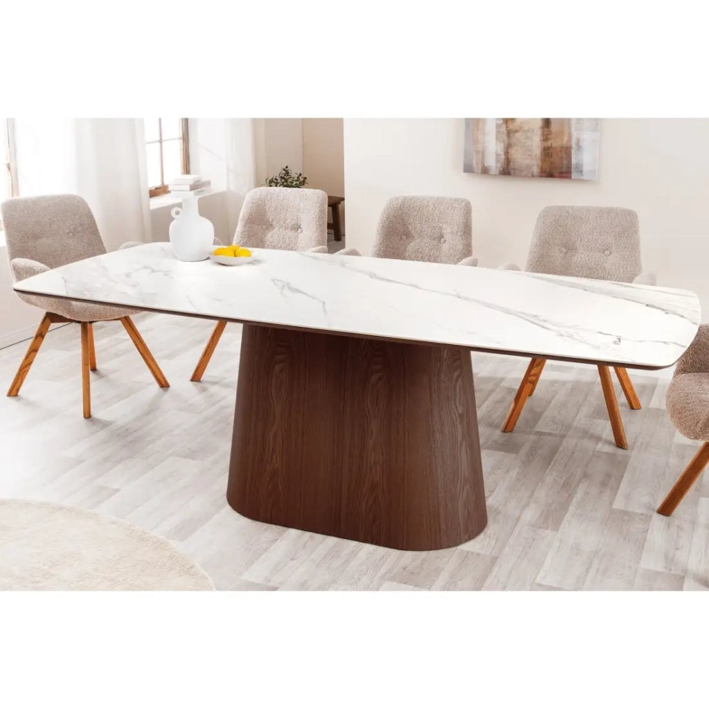Tavolo rettangolare LUMEA – 200 cm – Piano in ceramica effetto marmo bianco e piede in legno scuro – Stile contemporaneo