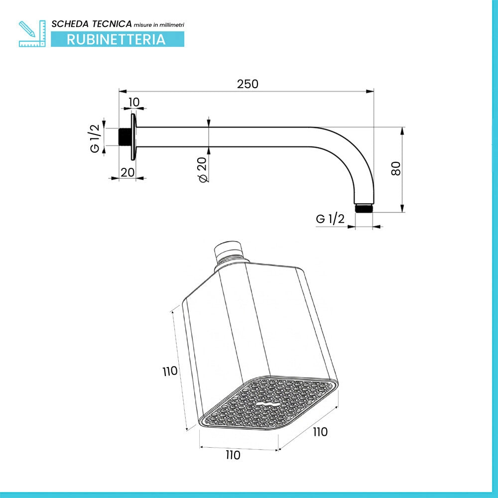 Set doccia cromo con braccio tondo 25 cm e soffione quadrato in abs
