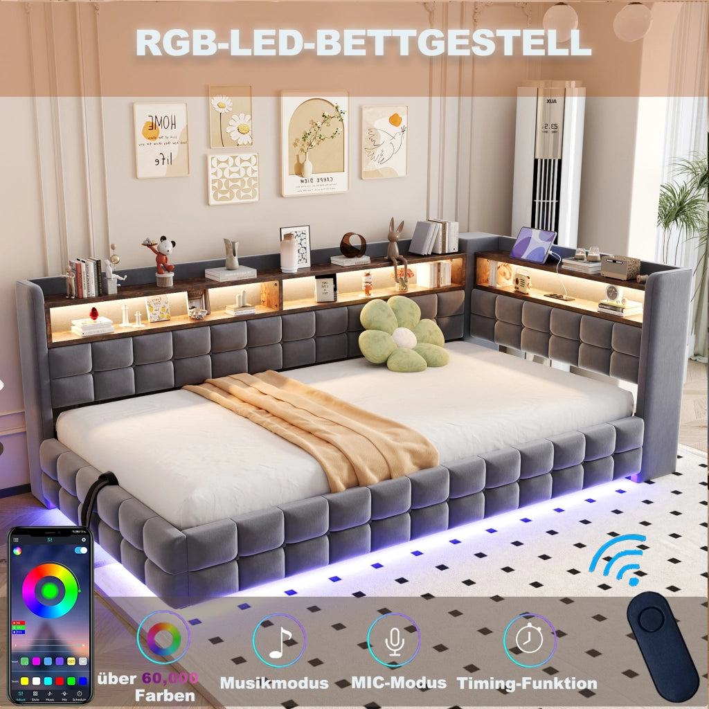 DESMIU Letto Divano 1 Posto con Contenitore, Mensole, USB, Tipo C e LED 90 × 200 cm, senza materasso