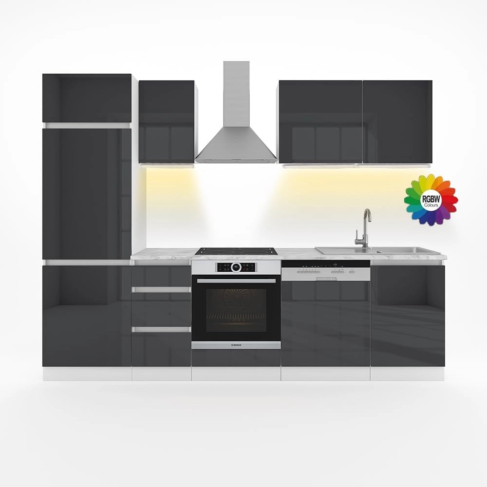 Cucina componibile Optima, Antracite lucido/bianco, 270 cm senza piano di lavoro, senza maniglie con striscia LED, per l'espansione personalizzata e la disposizione flessibile dei moduli
