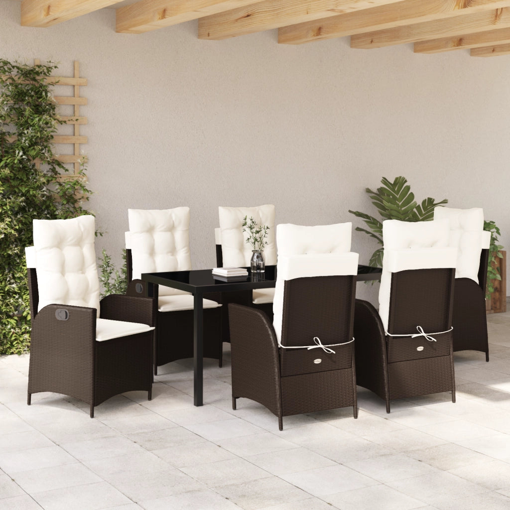 Set da Pranzo da Giardino da 7 Pezzi con Cuscini Marrone Polyrattan