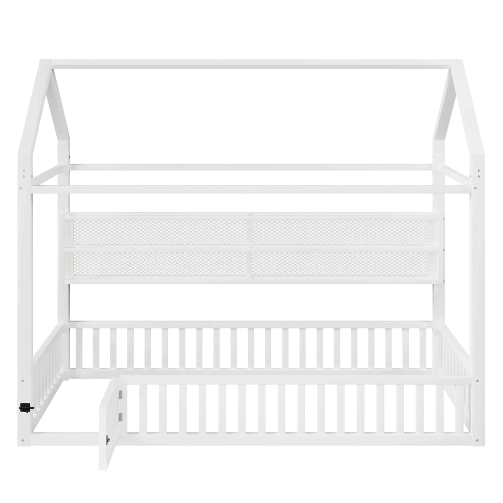 Letto a piattaforma forma di casa 90x200 cm con ringhiera e illuminazione LED, bianco