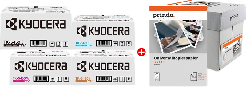 ORIGINAL Kyocera Value Pack nero / ciano / magenta / giallo / Bianco TK-5450 MCVP + Prindo Universal Papier 2500 Blatt ~13700 Seiten