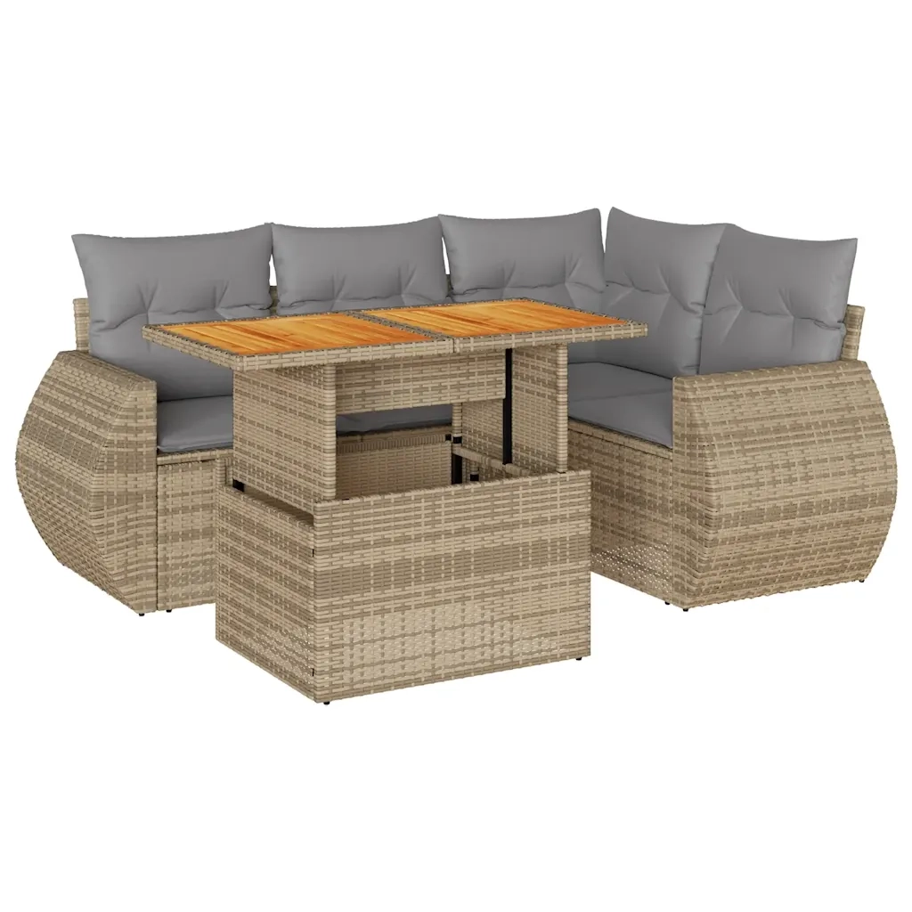 Set Divano da Giardino 5 pz con Cuscini Beige in Polyrattan