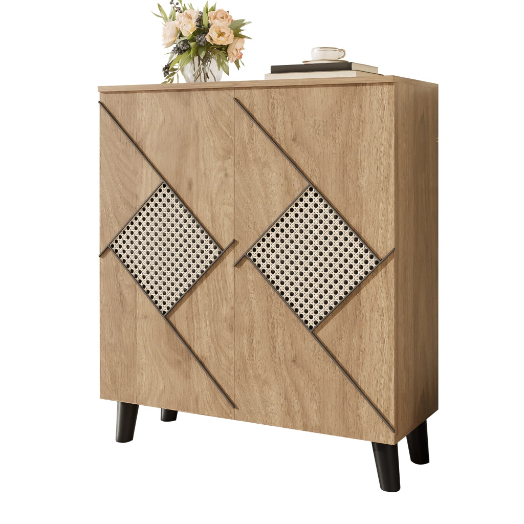 Scarpiera con 2 Ante; Motivo Decorativo Rattan; Contenitore Chiuso; Stile Moderno; in Pannello Truciolare; 80×31×91 cm; Legno