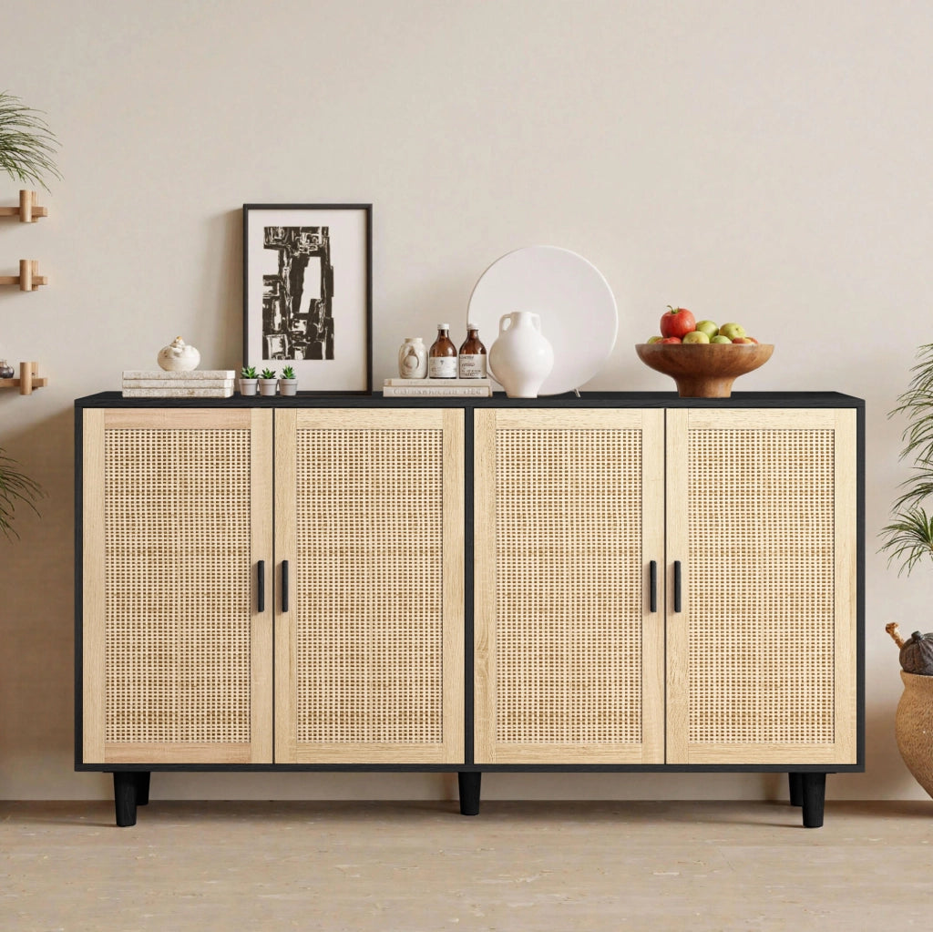 Credenza con 4 ante in rattan 158 x 40 x 88 cm nera