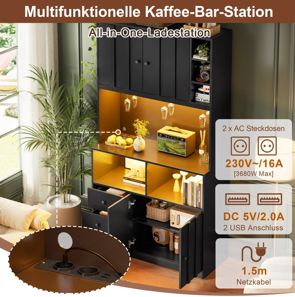 Credenza alta con vetrina; LED RGB; prese USB e AC; 100x40x180 cm; MDF; nera