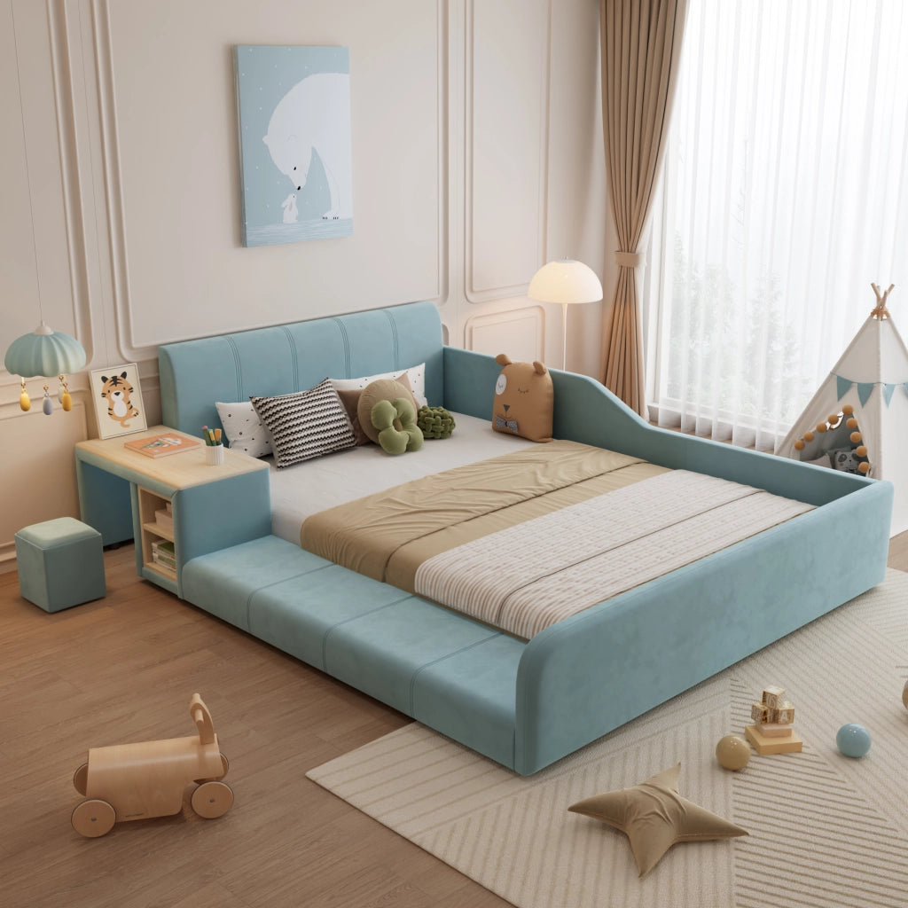 OKWISH Letto combinato 140×200 cm, Letto Singolo con Scrivania Laterale, Mensole e Pouf, senza Materasso, in Velluto, Blu
