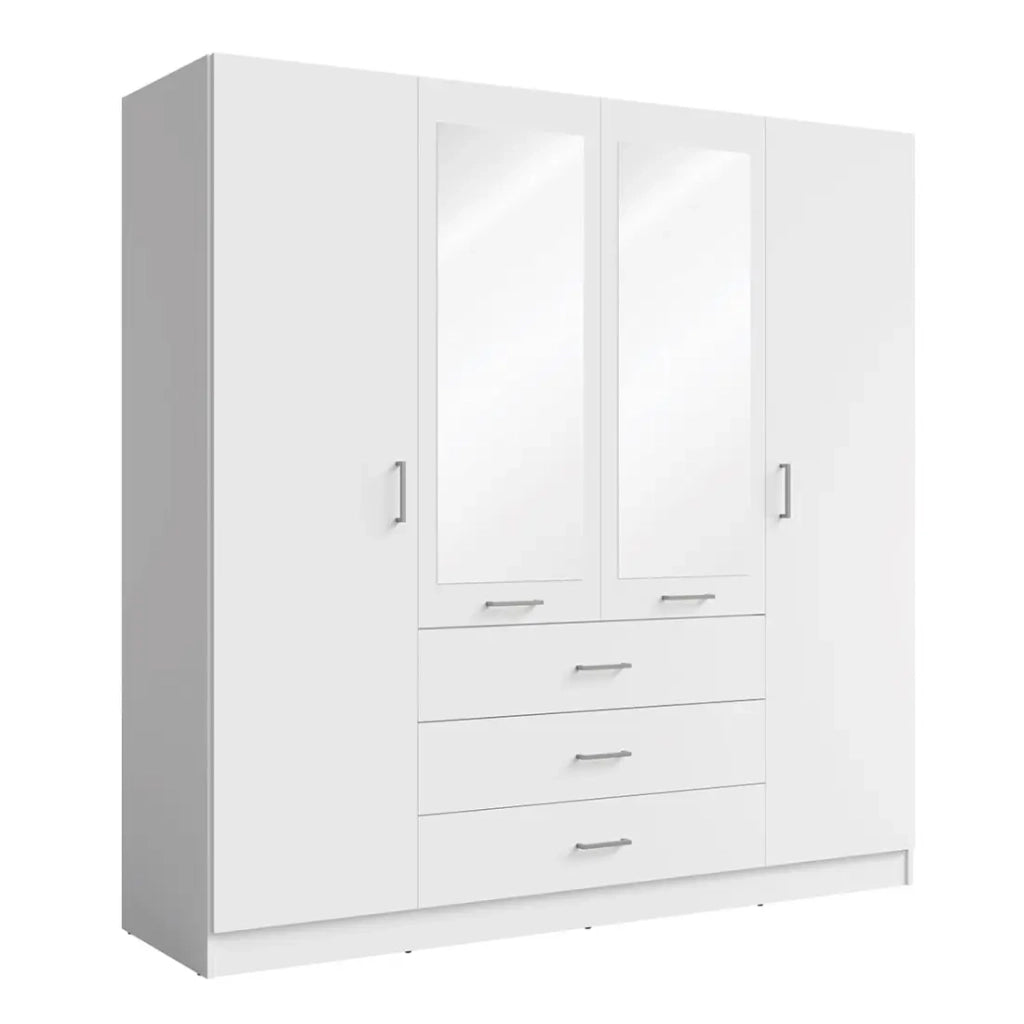 Armadio KALISTA 200 cm bianco opaco – 4 ante a battente, 2 specchi, 3 cassetti