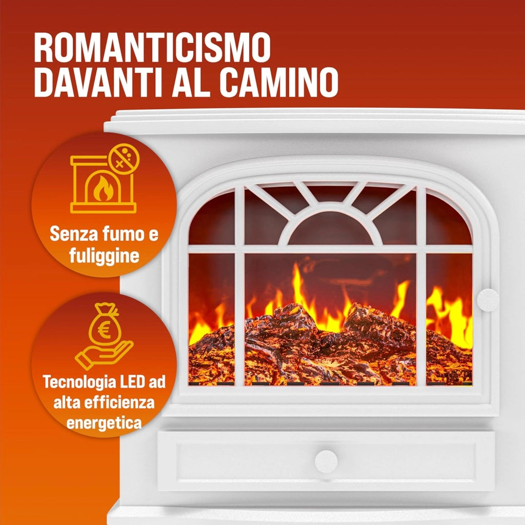 DEUBA® Camino Elettrico 2000W 60x28x50cm Termocamino Luce LED Effetto Fiamma Stufa Elettrica Caminetto finto a Corrente Stile Antico Bianco