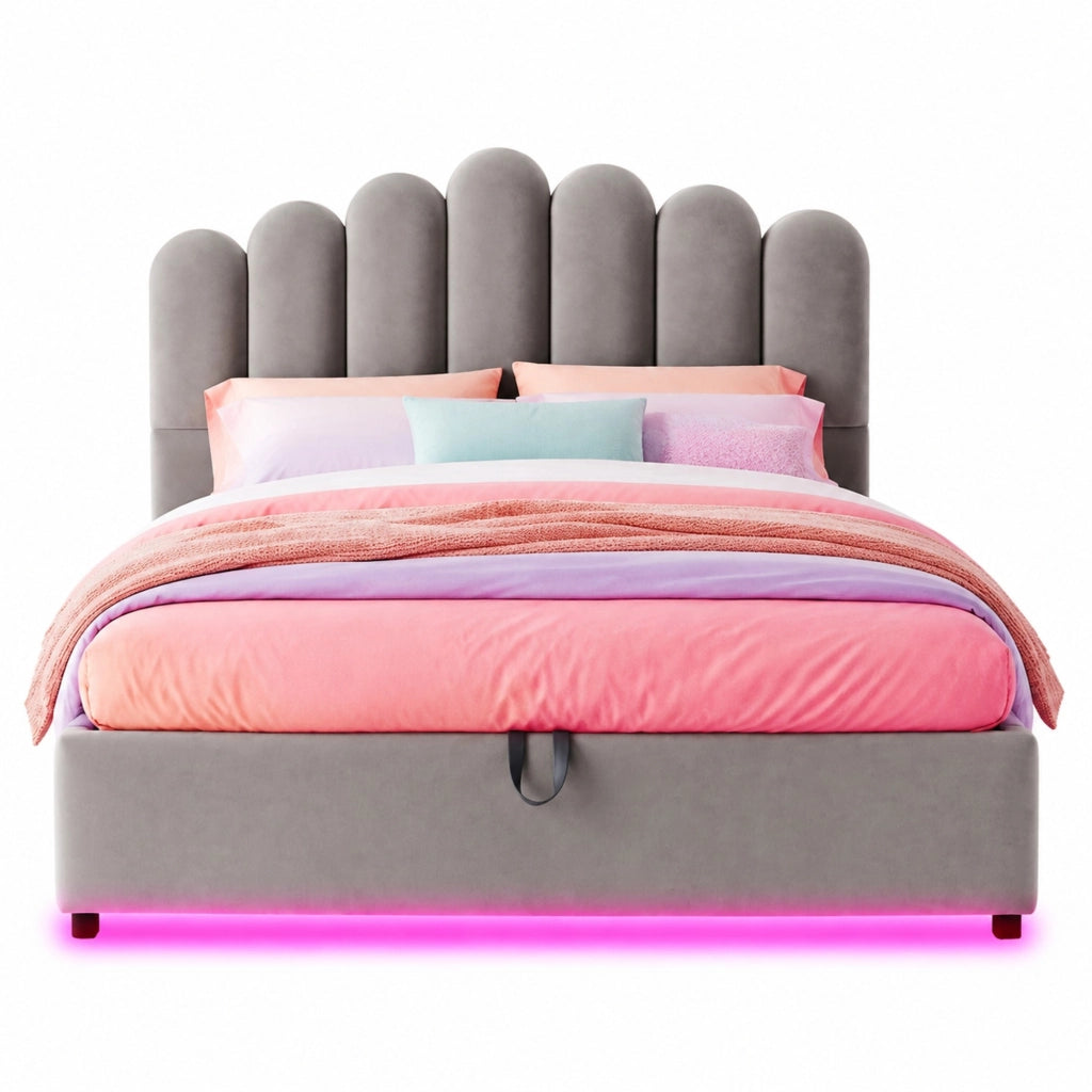 Letto Contenitore 140x200 cm; Letto Matrimoniale con LED e Contenitore in Velluto Grigio