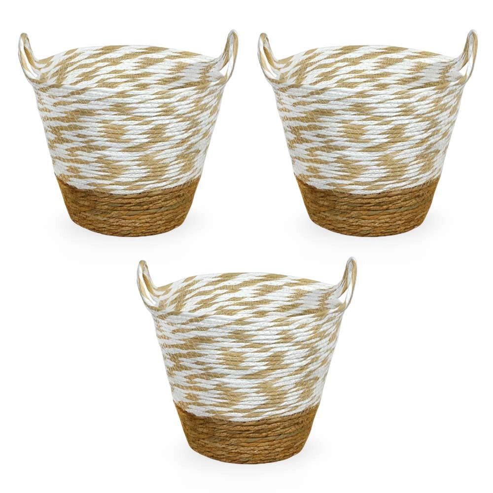 Cesti Portaoggetti Vimini e Corda Bianco Beige Maniglie cm 34 x34 x h30 Set da 3