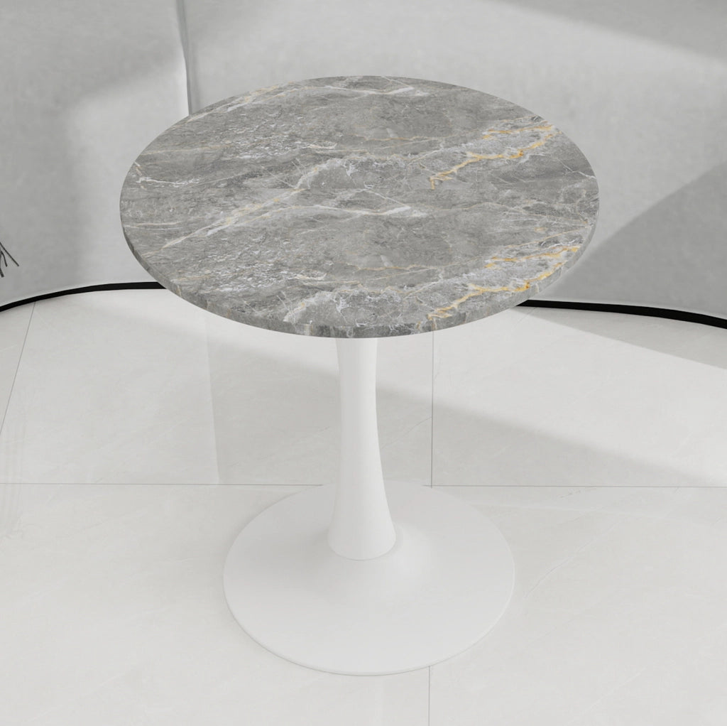 Tavolino rotondo in marmo artificiale; bianco anticato e grigio