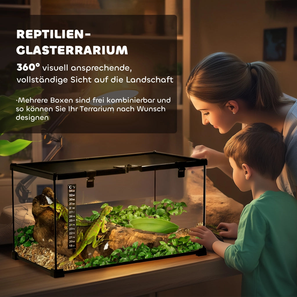 Terrario in Vetro per Rettili ¨C Xylo ¨C 50x30x25 cm, con Termometro e Sportelli, Nero