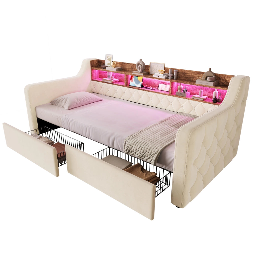 Letto imbottito 90x190 cm con 2 cassetti, LED e testiera in velluto beige