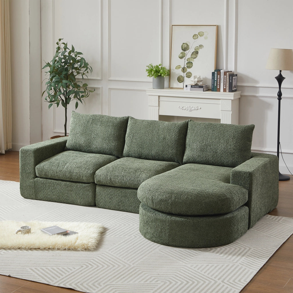 Divano Ad Angolo Reversibile Modulare 4 Moduli con cuscini e poggiatesta in Chenille Verde