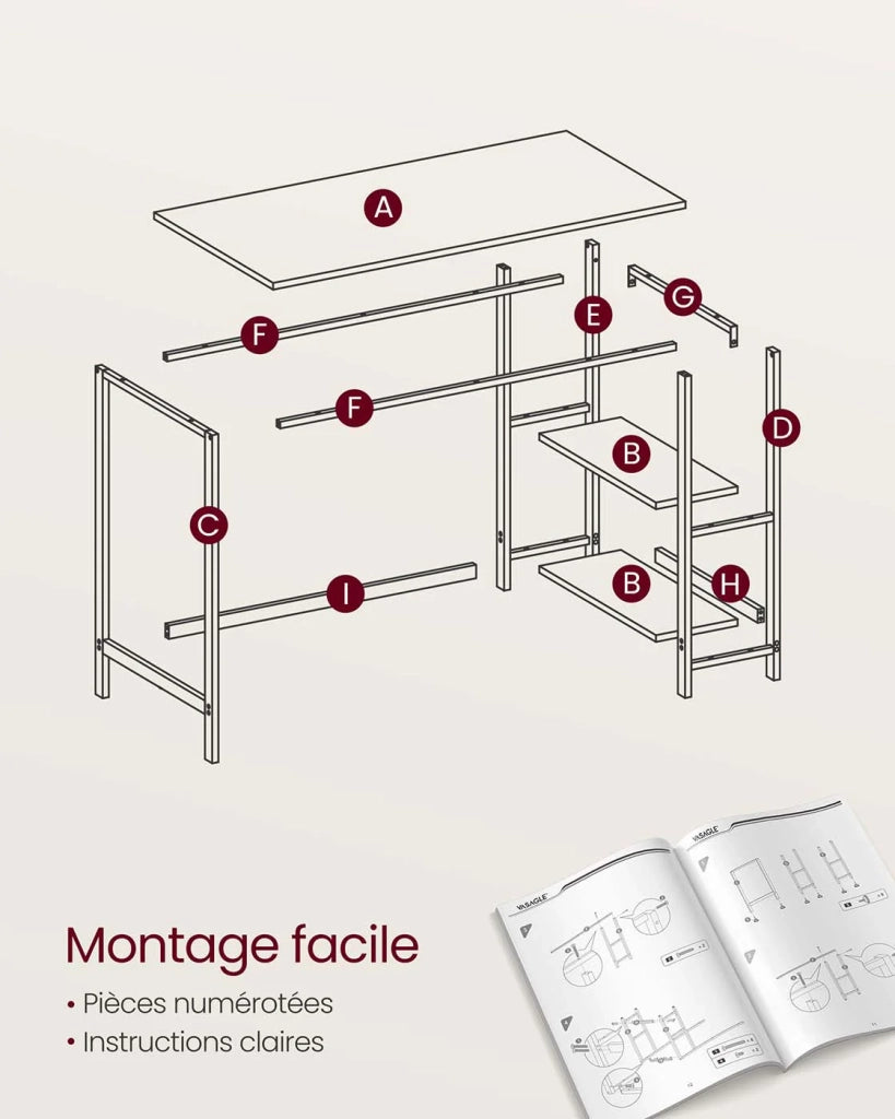 Scrivania per computer/tavolo da studio con ripiano a 2 livelli (sinistro o destro) per ufficio/soggiorno struttura in metallo in stile industriale beige 12_0004666