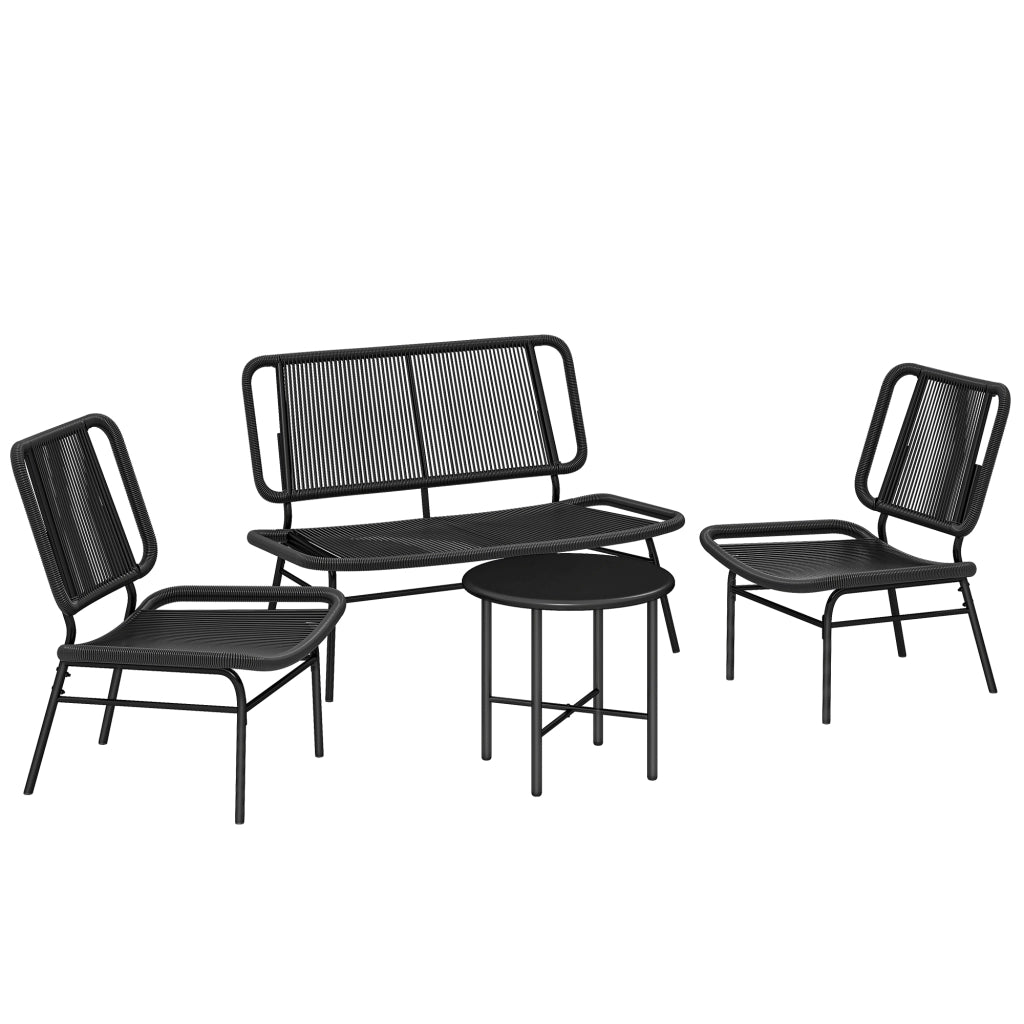 Set 4 Pezzi Salotto da Giardino con Divano 2 Sedie con Tavolino in  Rattan e Metallo Nero