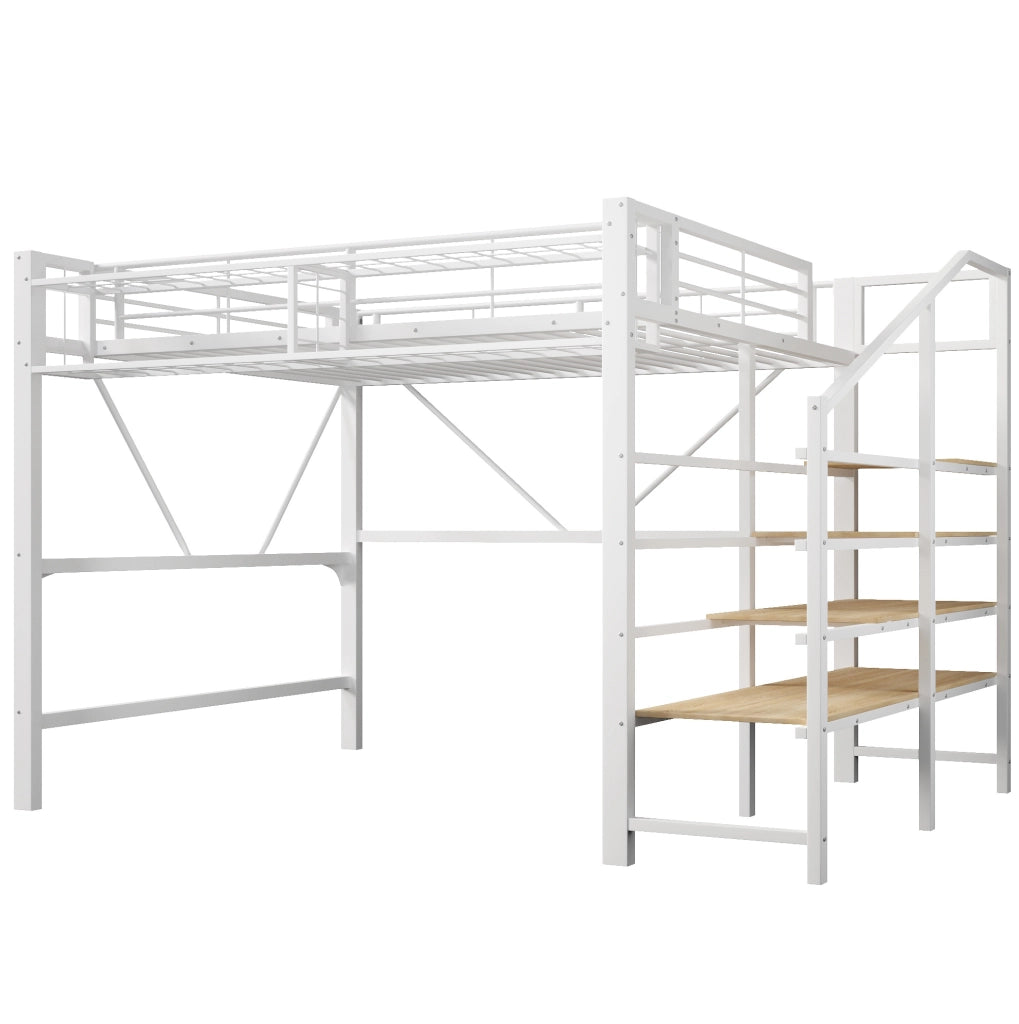 Hochbett 251.5x163x170 cm con illuminazione LED; scaffale a gradini e cestello; MDF e metallo; bianco