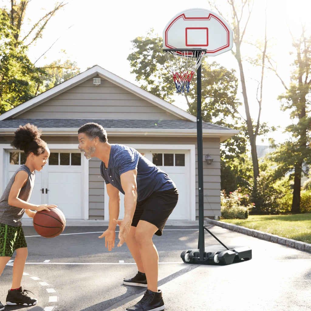 Canestro da basket regolabile in altezza con base riempibile e ruote, struttura in acciaio, bianco